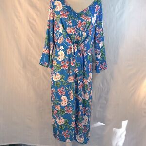 Lulu’s Blue & Pink Floral Mid Length Front Sash Tie Bell Cuffs Dress M